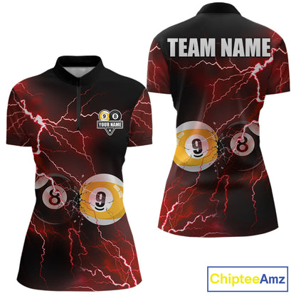Thunder Lightning Red women's quarter zip billiard jersey featuring 8 Ball 9 Ball artwork, custom pool tournament apparel, cue sports championship team uniform