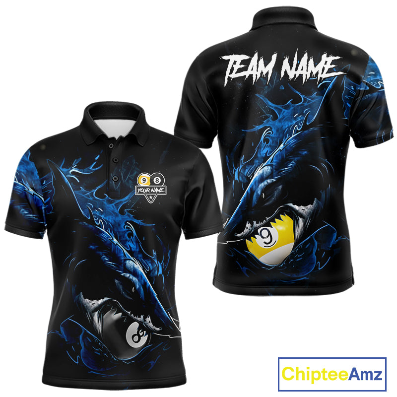 Funny Shark Blue men's billiard polo jersey, custom pool team shirt with shark artwork, cue sports apparel, league championship uniform, player gift