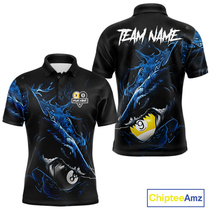 Funny Shark Blue men's billiard polo jersey, custom pool team shirt with shark artwork, cue sports apparel, league championship uniform, player gift