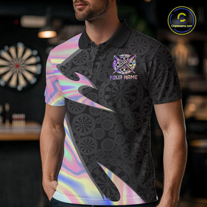 Male model wearing Pink Holographic darts polo, custom tournament jersey, premium darts league apparel, modern iridescent sportswear, personalized team clothing