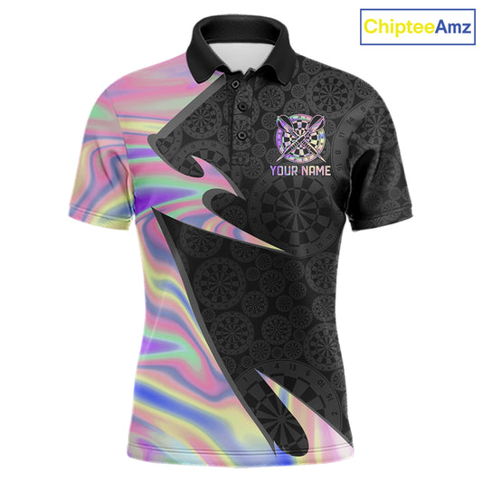 Pink Holographic dartboard men's darts polo with black base, custom league jersey, personalized tournament apparel, premium darts team clothing, holographic sportswear