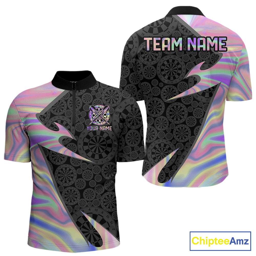 Men's holographic quarter-zip darts shirt with colorful dartboard artwork, custom darts tournament jersey, personalized league apparel, athletic performance clothing
