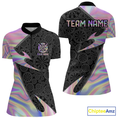 Women's holographic quarter-zip darts jersey featuring vibrant dartboard graphics, personalized tournament shirt, custom dart league apparel, premium performance uniform, championship team jersey