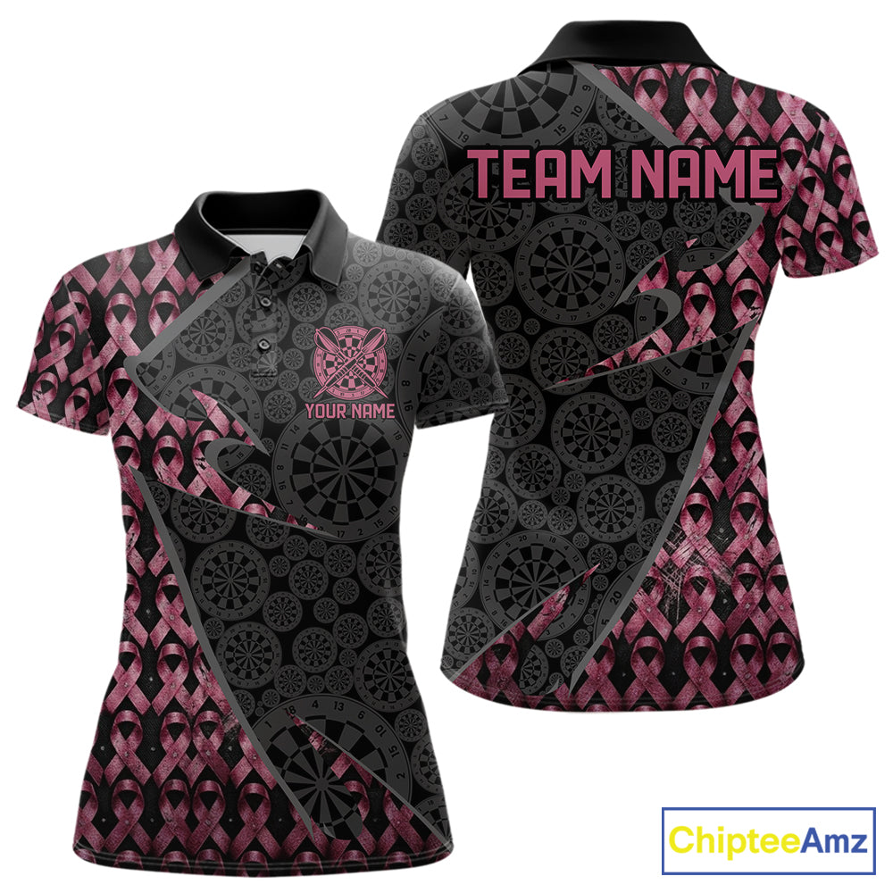 Black & Pink Ribbon Grunge women's darts polo featuring distressed artwork, custom darts tournament jersey, awareness league apparel, personalized team uniform, edgy athletic performance clothing
