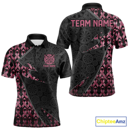 Black & Pink Ribbon Grunge men's darts polo with vintage distressed graphics, personalized darts league jersey, custom tournament apparel, awareness team shirt, premium sportswear