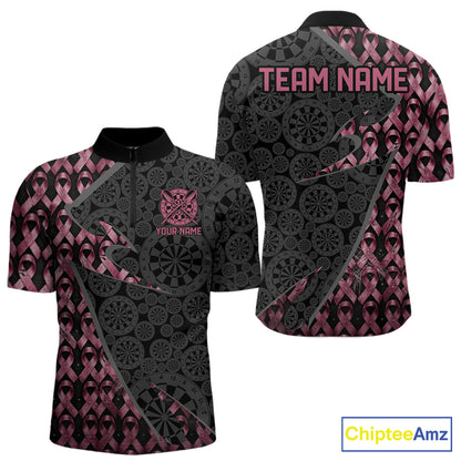 Men's Black & Pink Ribbon Grunge quarter-zip darts shirt featuring distressed ribbon artwork, personalized tournament jersey, custom awareness sports apparel