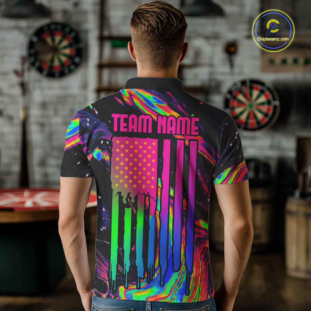 Male model wearing Psychedelic US Flag darts polo, colorful tournament jersey, patriotic athletic apparel, personalized championship sportswear