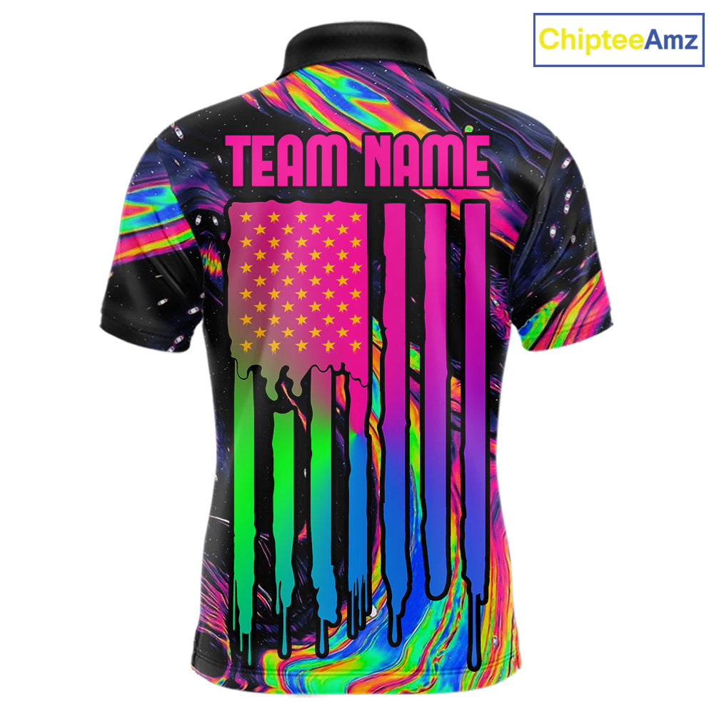 Psychedelic Holographic US Flag men's darts polo with colorful American flag graphics, personalized dart tournament jersey, custom league performance clothing