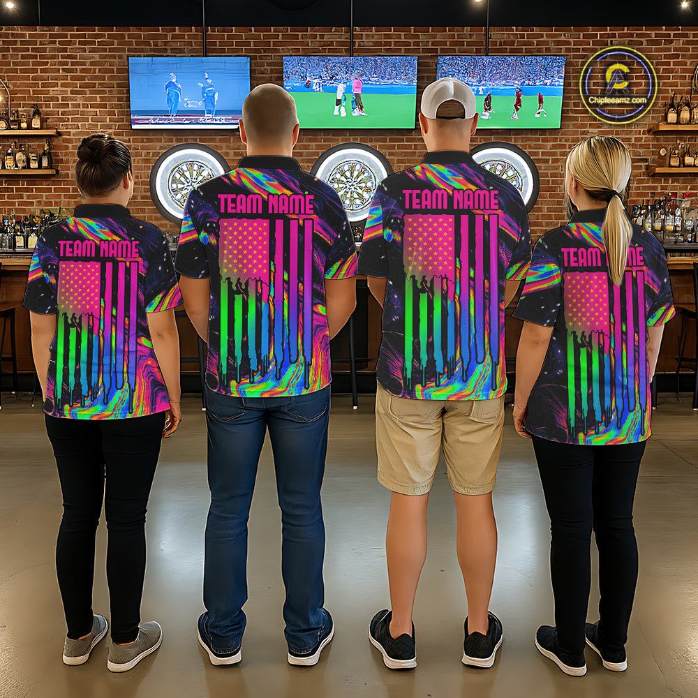 Female model wearing Psychedelic US Flag darts polo, custom patriotic league jersey, colorful performance tournament clothing, vibrant sports apparel