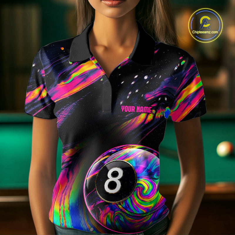 Female model wearing colorful holographic pool polo, personalized billiard jersey, cue sports team apparel, league championship clothing