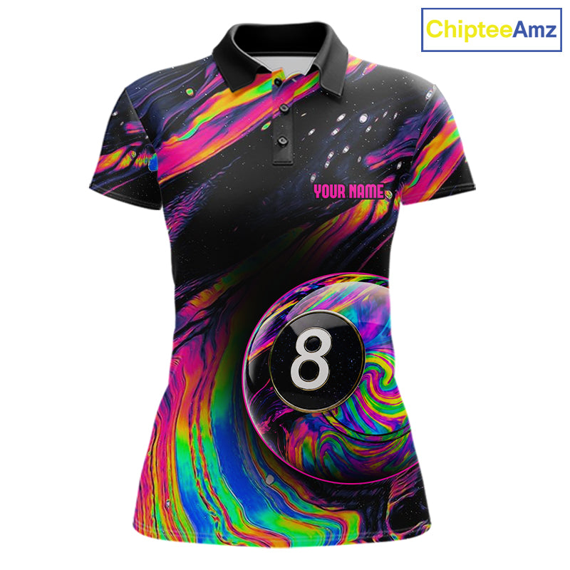 Colorful Holographic women's 8 Ball pool polo shirt, custom billiard tournament jersey, rainbow cue sports apparel, personalized team uniform, championship clothing