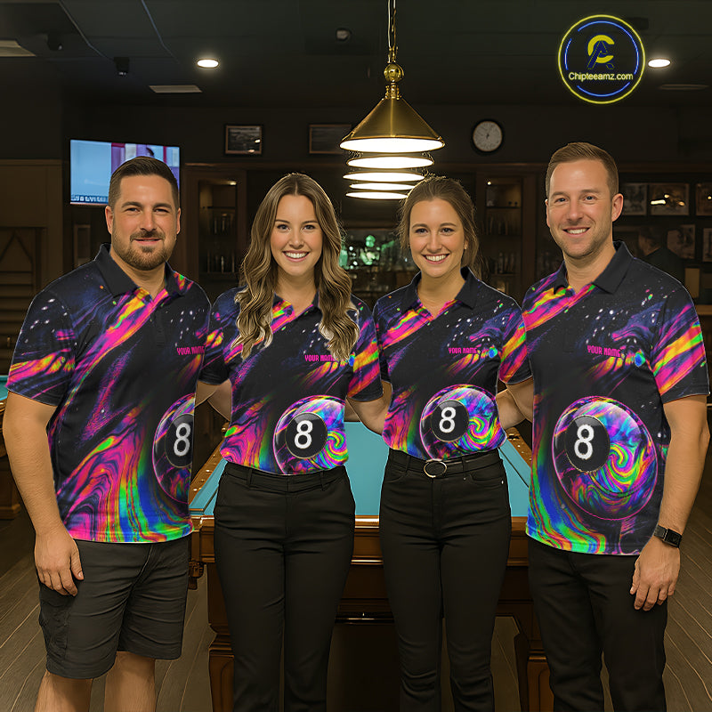 Colorful holographic custom billiard team jerseys featuring 8 Ball artwork, matching pool tournament uniforms, cue sports apparel, league championship shirts