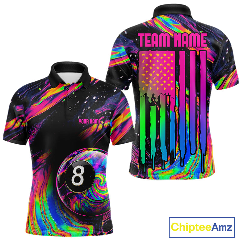 Colorful Holographic men's 8 Ball billiard polo jersey, custom pool team shirt, cue sports tournament apparel, professional league uniform