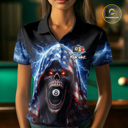 US Flag Thunder Grim Reaper 8 Ball 9 Ball Pool Women Billiard Shirt Custom Patriotic Billiard Apparel NYN2636