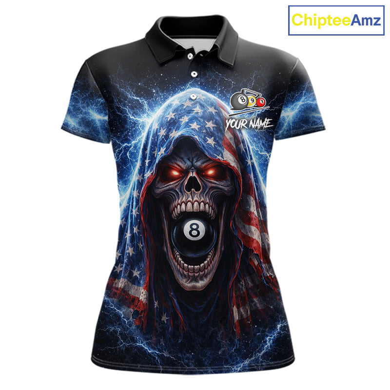 US Flag Thunder Grim Reaper 8 Ball 9 Ball Pool Women Billiard Shirt Custom Patriotic Billiard Apparel NYN2636