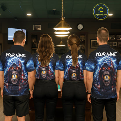 US Flag Thunder Grim Reaper 8 Ball 9 Ball Pool Men Billiard Shirt Custom Patriotic Billiard Apparel NYN2636