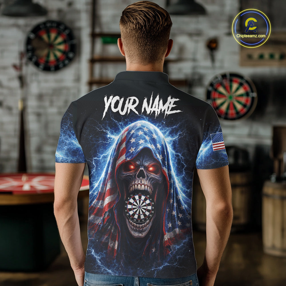 American Flag Thunder Grim Reaper Dartboard Men Darts Polo Shirt Custom Patriotic Dart League Shirt NYN2641