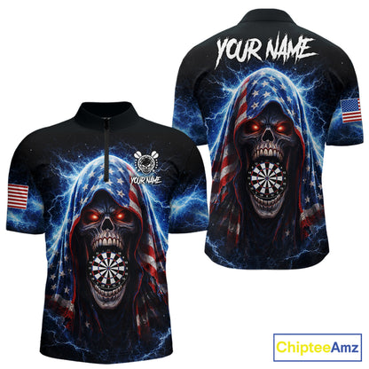 American Flag Thunder Grim Reaper Dartboard Men Darts 1/4-Zip Shirt Custom Patriotic Dart League Shirt NYN2641