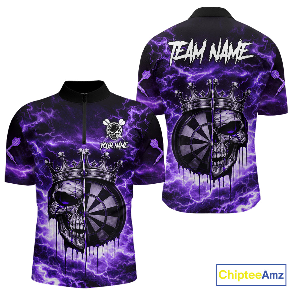 Thunder Purple Cracked Crown Skull Dartboard Men Darts 1/4-Zip Shirt Custom Dart League Shirt NYN2645