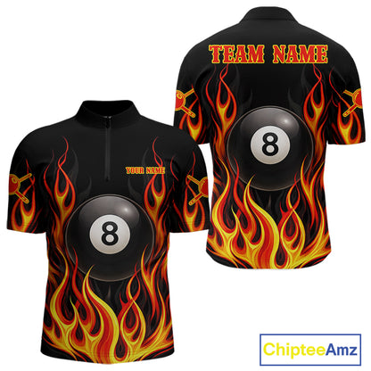 Personalized 8 Ball Fire Flame Pool Billiard Polo & 1/4 Zip For Men Custom Flame Billiard Team Attire NYN3013