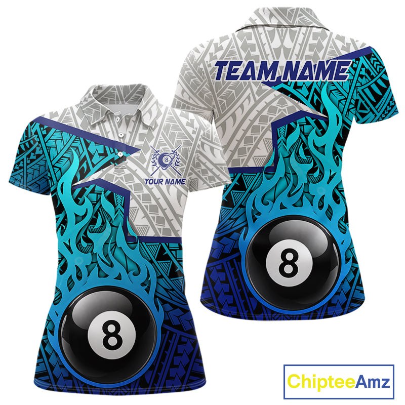 Billiards Pool Player White Blue Tribal Polo Quater-Zip Shirts For Women, Custom Billiard Team Jerseys NYN3015