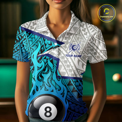 Billiards Pool Player White Blue Tribal Polo Quater-Zip Shirts For Women, Custom Billiard Team Jerseys NYN3015