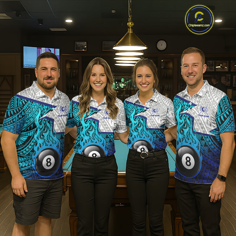 Billiards Pool Player White Blue Tribal Polo Quater-Zip Shirts For Women, Custom Billiard Team Jerseys NYN3015