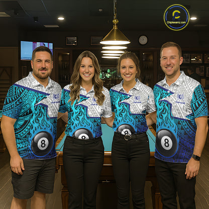 Billiards Pool Player White Blue Tribal Polo Quater-Zip Shirts For Women, Custom Billiard Team Jerseys NYN3015