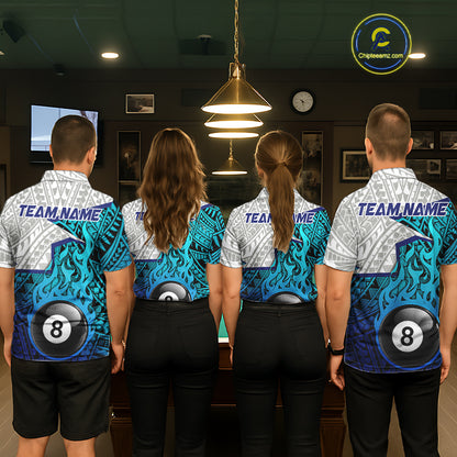 Billiards Pool Player White Blue Tribal Polo Quater-Zip Shirts For Women, Custom Billiard Team Jerseys NYN3015