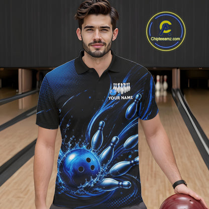 Blue Watering Bowling Ball & Pins Jerseys For Men Custom Splatter Bowling Shirt Team Attire NYN3181