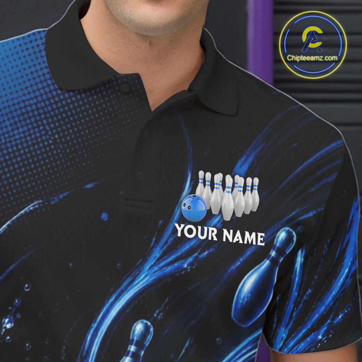 Blue Watering Bowling Ball & Pins Jerseys For Men Custom Splatter Bowling Shirt Team Attire NYN3181