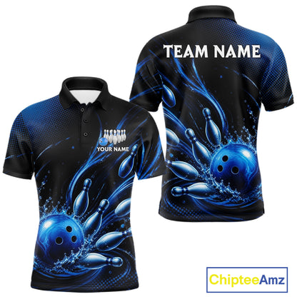Blue Watering Bowling Ball & Pins Jerseys For Men Custom Splatter Bowling Shirt Team Attire NYN3181