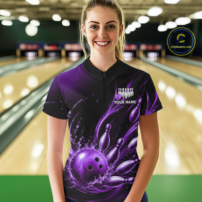 Purple Watering Bowling Ball & Pins Jerseys For Women Custom Splatter Bowling Shirt Team Attire NYN3182