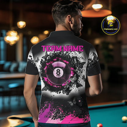 Black, White & Pink Billiard 8 Ball Pool Shirt For Men Custom Butterfly Grunge Team Billiard Jersey NYN3438
