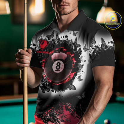 Black, White & Red Billiard 8 Ball Pool Shirt For Men Custom Butterfly Grunge Team Billiard Jersey NYN3439