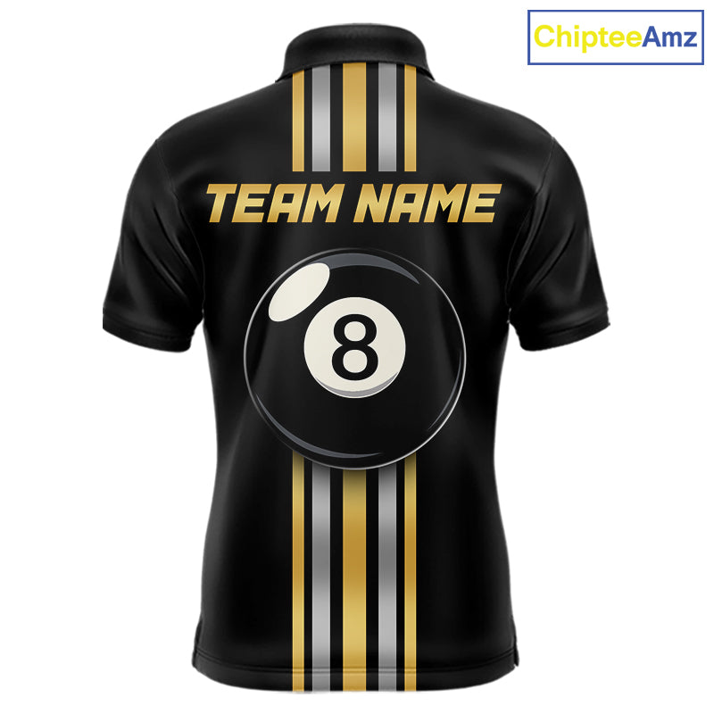 Black & Gold 8 Ball men's billiard polo with metallic gold styling, personalized pool tournament jersey, custom cue sports apparel, league uniform, professional billiard team shirt, championship performance sportswear