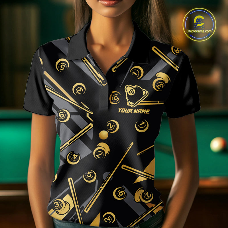 Female model wearing Black & Gold 8 Ball pool polo, custom women's billiard tournament jersey, personalized cue sports apparel, league performance uniform, elegant championship team clothing