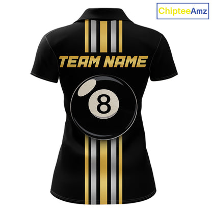 Black & Gold 8 Ball women's billiard polo featuring premium gold accents, custom pool team jersey, personalized league apparel, cue sports performance shirt, 8 Ball tournament uniform, championship billiards clothing, luxury athletic polo