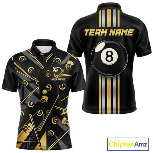 Black & Gold 8 Ball men's billiard polo with metallic gold styling, personalized pool tournament jersey, custom cue sports apparel, APA league uniform, professional billiard team shirt, championship performance sportswear
