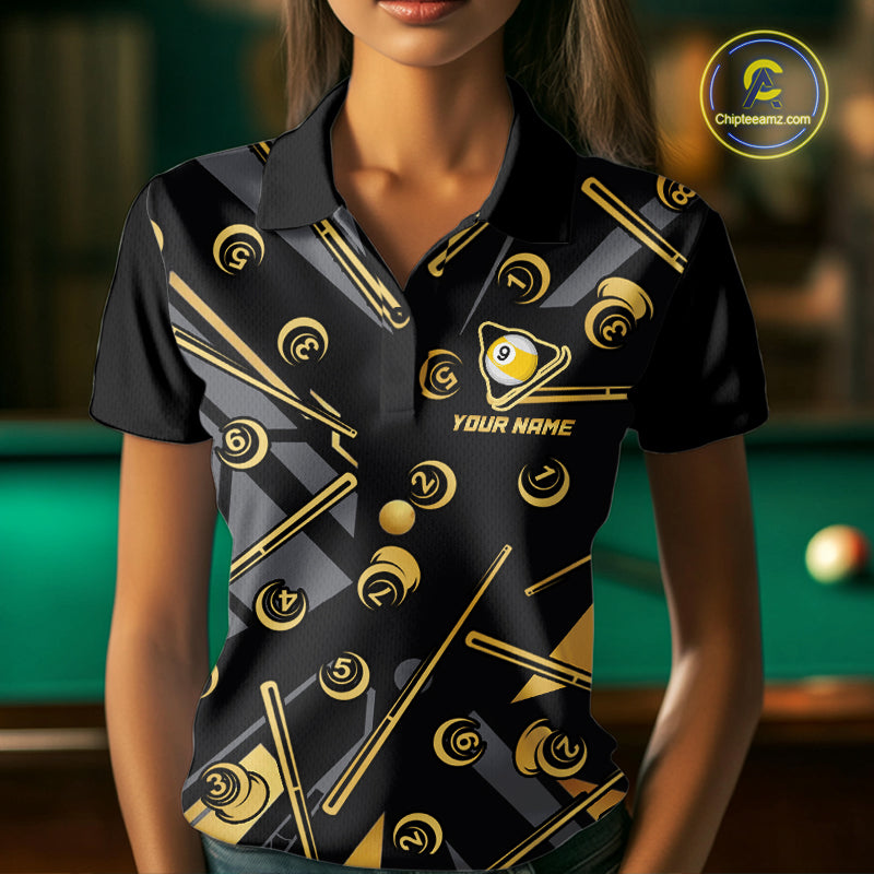Female model wearing Black & Gold 9 Ball women's billiard polo, custom league tournament jersey, personalized cue sports apparel, championship performance clothing