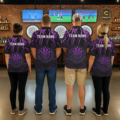 Matching Thunder Lightning purple dart team uniforms, custom darts jerseys for leagues, tournaments and championship events
