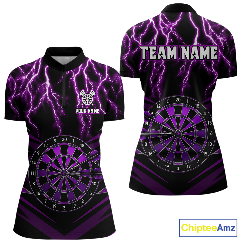 Thunder Lightning Purple Dartboard Women's Quarter Zip Darts Jersey, Custom Name Tournament Shirt Front And Back