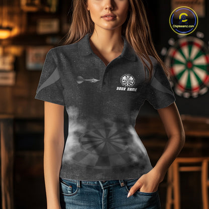 Female model wearing Black Smokes Custom Dart Polo Shirt, Personalized Dart League Uniform, Tournament Apparel