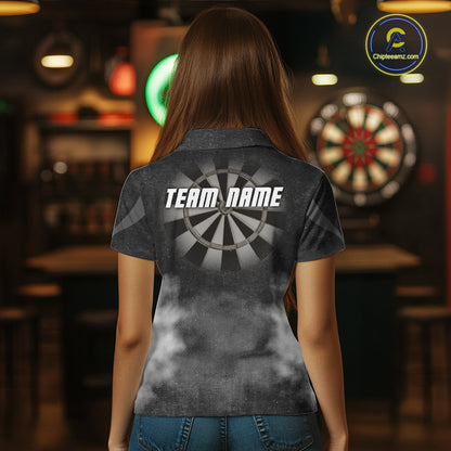 Female model wearing Black Smokes Custom Dart Polo Shirt, Personalized Dart League Uniform, Tournament Apparel