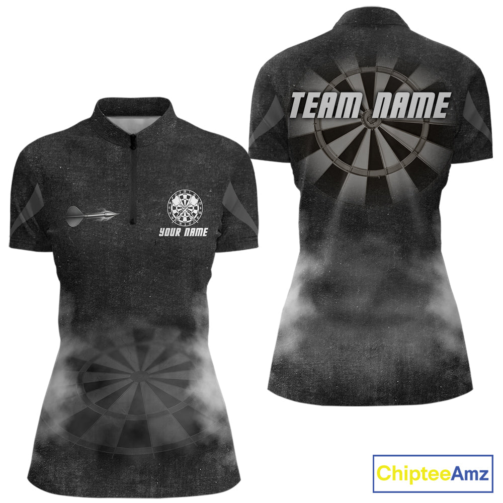 Black Smokes Women's Quarter-Zip Darts Shirt Mockup, Custom Dart Tournament Apparel, Personalized League Jersey
