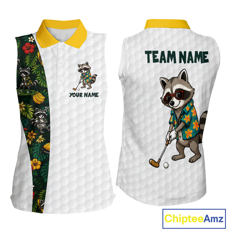 Custom Raccoon Golfer Golf Ball Team Attire Tropical Monstera Sleeveless Golf Polo Golf Shirts For Women NYN3991