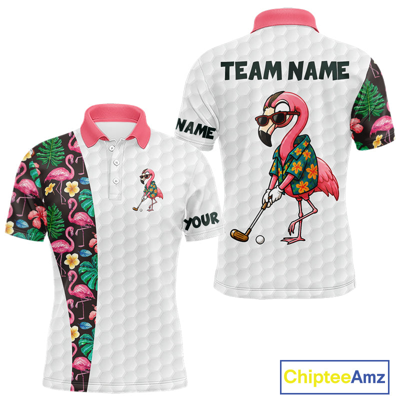 Custom Flamingo Golfer Golf Ball Team Attire Tropical Monstera Golf Polo Golf Shirts For Men NYN3993