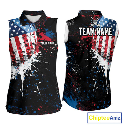 Splatter Golf Ball Personalized Womens Patriot Sleeveless Golf Polo Shirt Custom US Flag Golf Team Gifts NYN4000