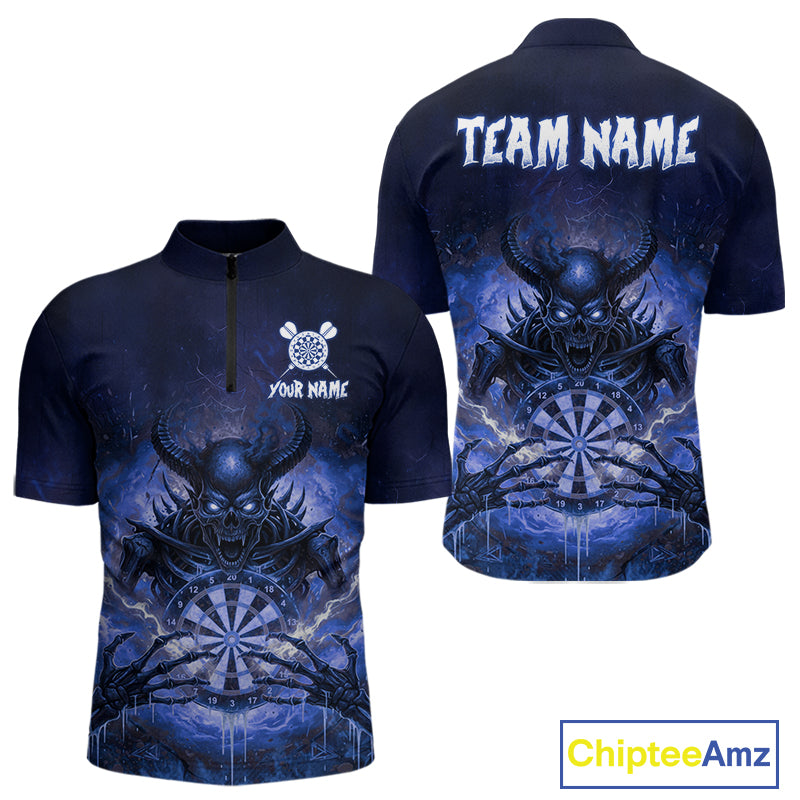 Custom Blue Flames Skeleton Grunge Dartboard Men Darts Quarter-Zip Shirt Horror Dart Jerseys NYN1897