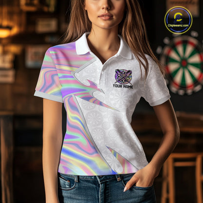 Personalized Pink Holographic Dartboard Pattern Women Darts Polo & 1/4-Zip Shirts Dart Team Jerseys NYN2811